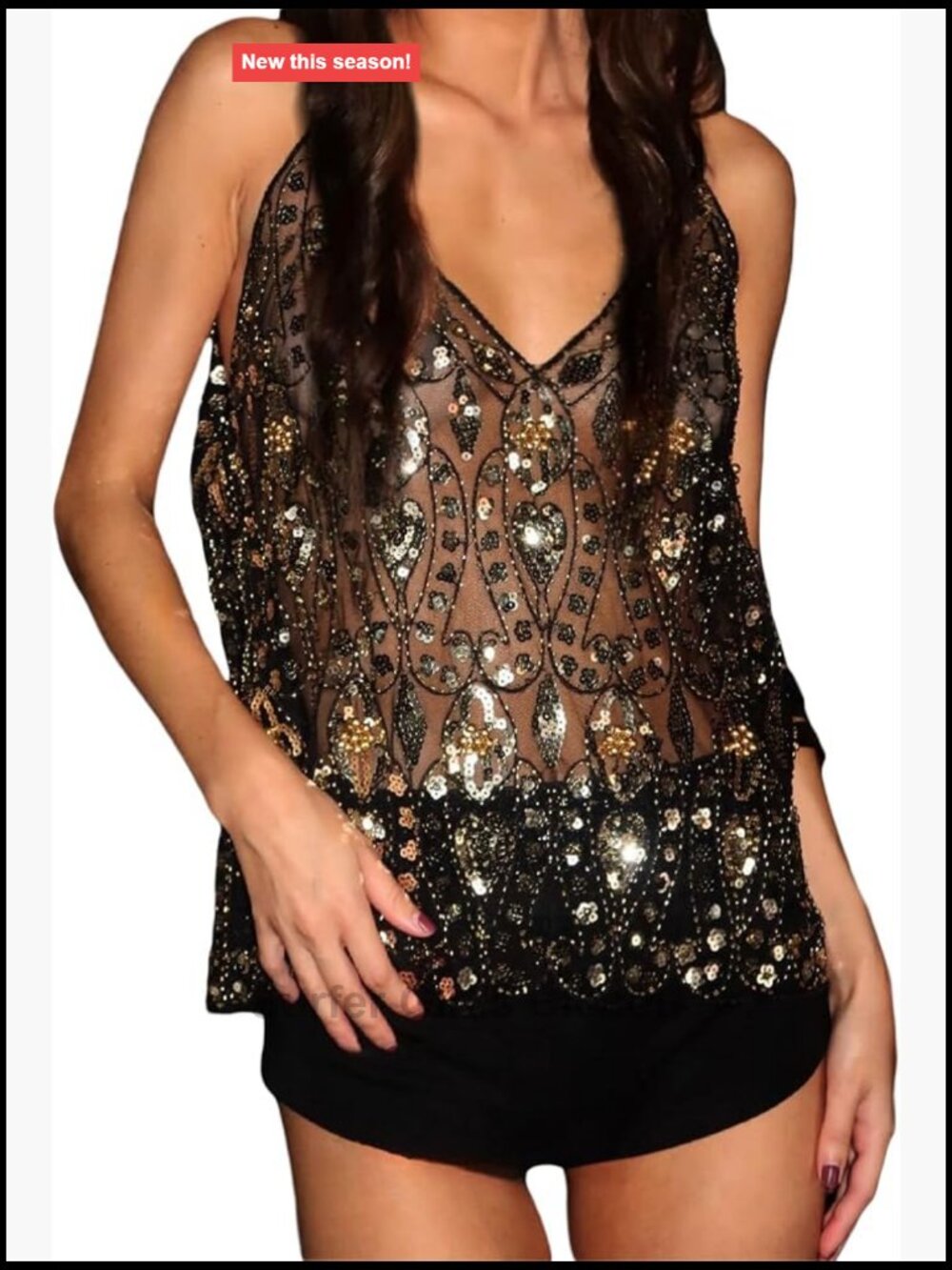 Sequin Sheer Tank Top Sparkly Mesh Cami Y2K Glitter See Through